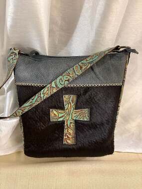 P&G Collection Genuine Leather and Cowhide Crossbody Shoulder Bag with Turquoise
